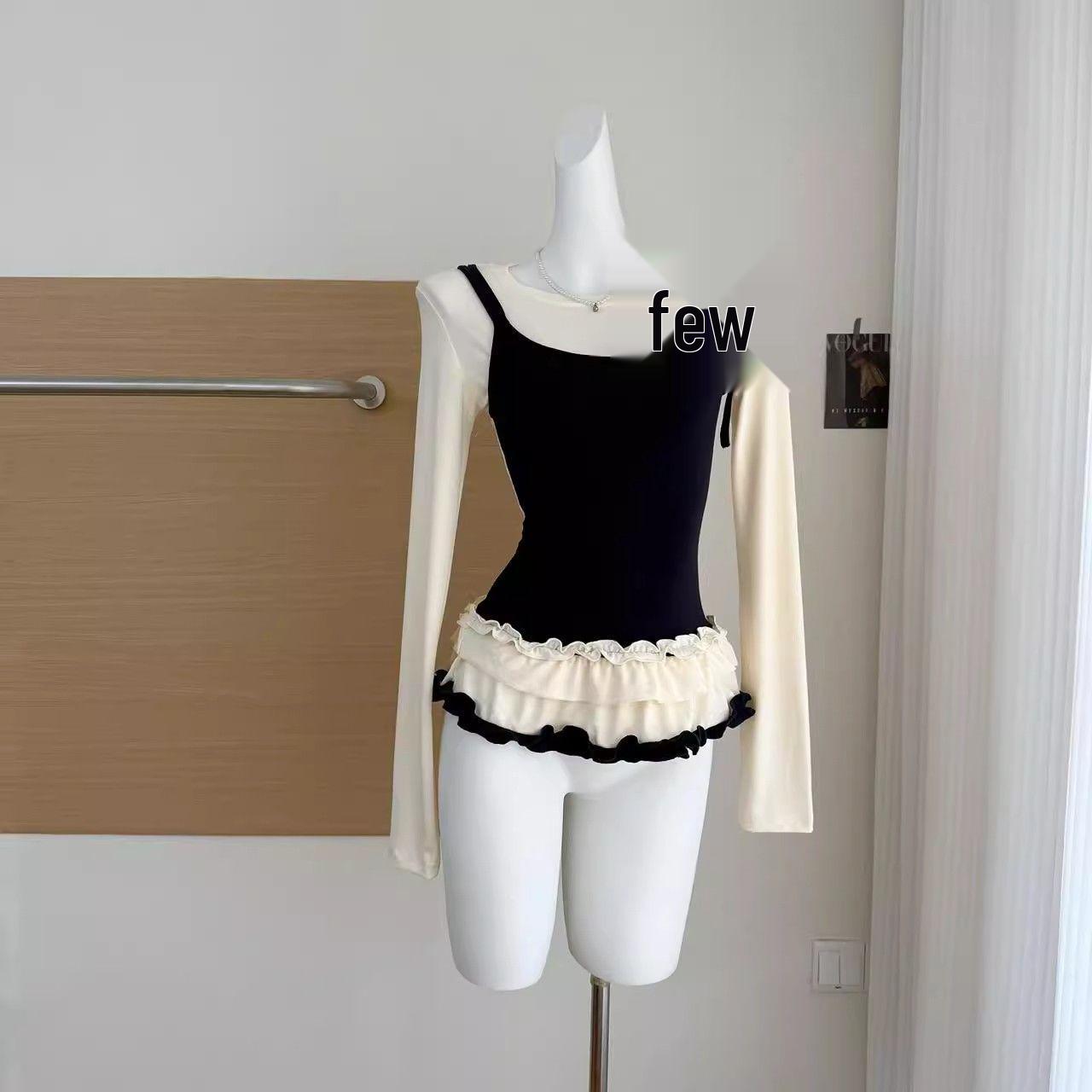 

2025 Корейский кружевной жилет из двух частей с длинным рукавом, женский облегающий топ на весну и осень L чёрный