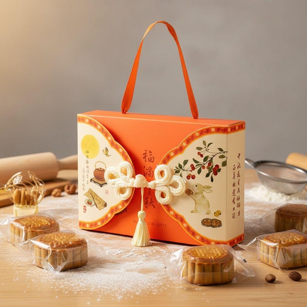 5 Piece 6 Grid Moon Cake Packaging Gift Box Chinese-Style Buttonhole Design with Tassel Egg Yolk Pastry Gift Box Paper Handmade