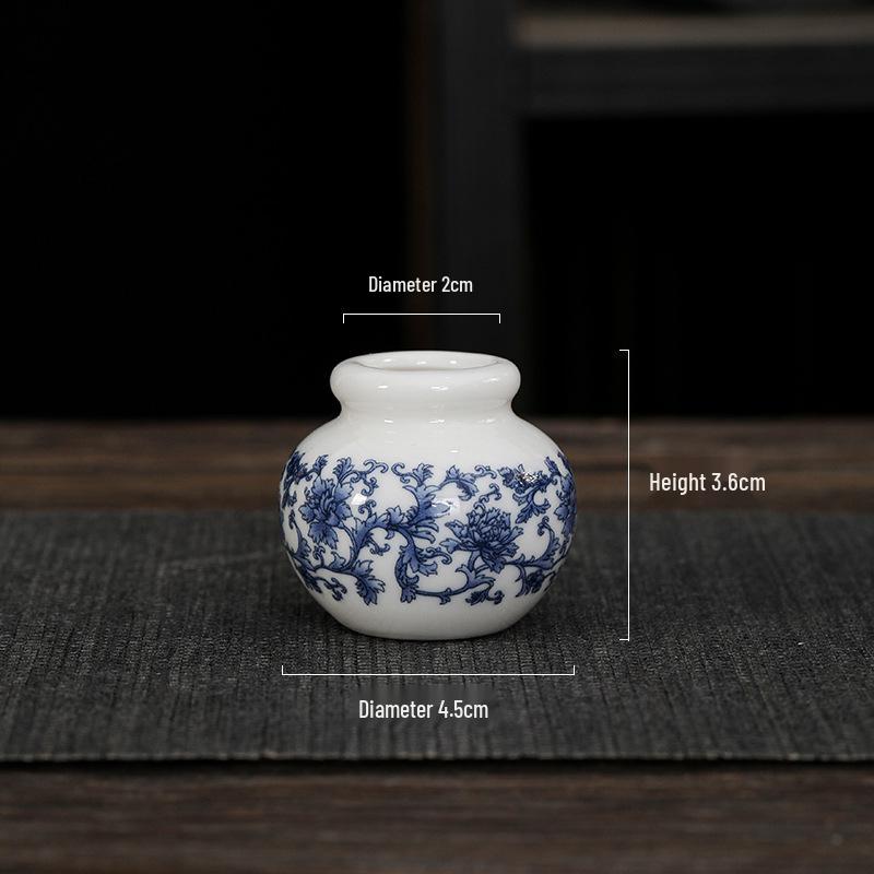 Mini Retro Blue & White Porcelain Hydroponic Pennywort Vase for Tea Ceremony Decoration