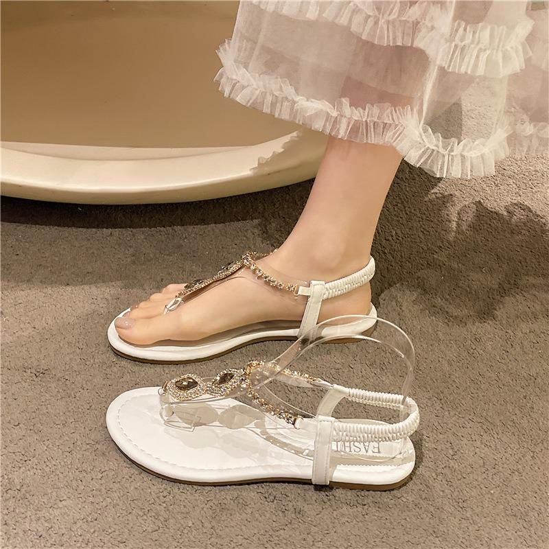 Flat bottom large size sandals women's summer new fashion rhinestone flower toe elastic casual sandals