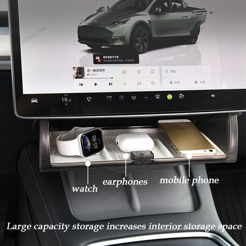 For Tesla Model 3 Y Highland Juniper 2016-2025 Hidden Screen Storage Magnetic Opening And Closing Hidden Large Space Storage Box