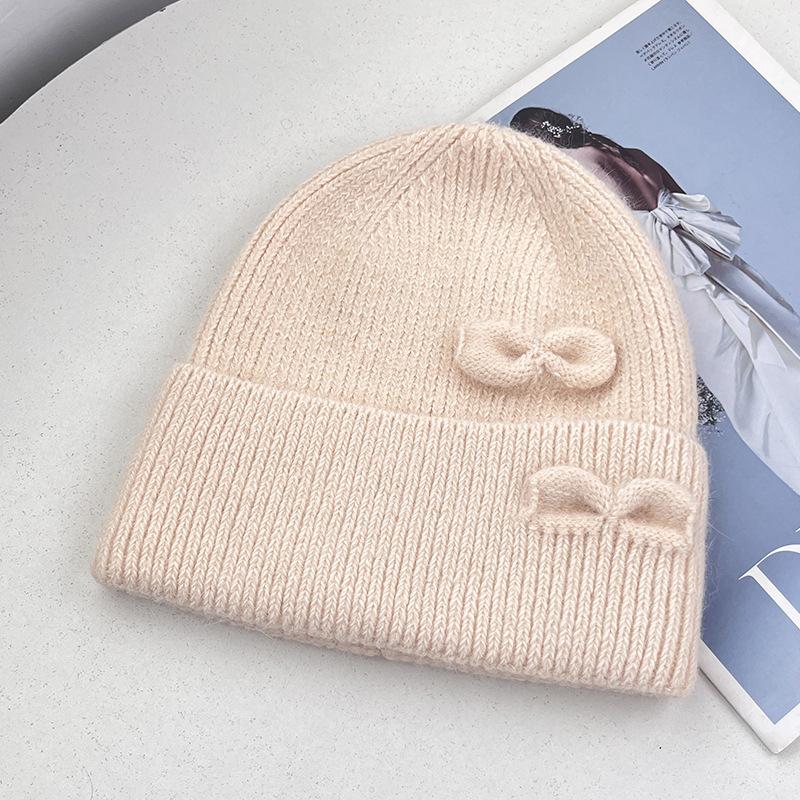 New double bow knitted hat women's autumn and winter sweet warm wool hat big head circumference show face small cold hat