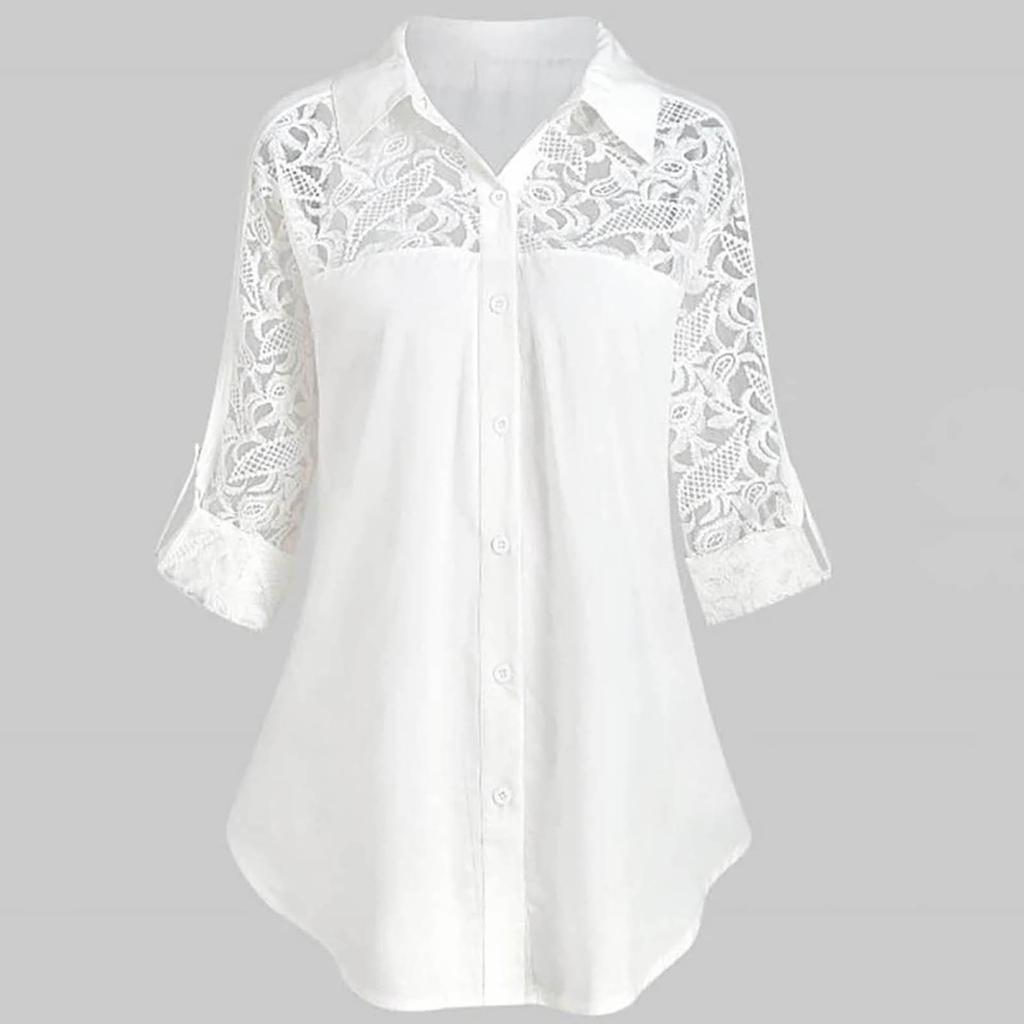 Women's Fashion Loose Casual Plus Size Lace V-Neck Button Down Long Sleeve Shirt