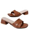 Square head medium heel slippers women's summer new leather cross thick heel open toe large size cool slippers women
