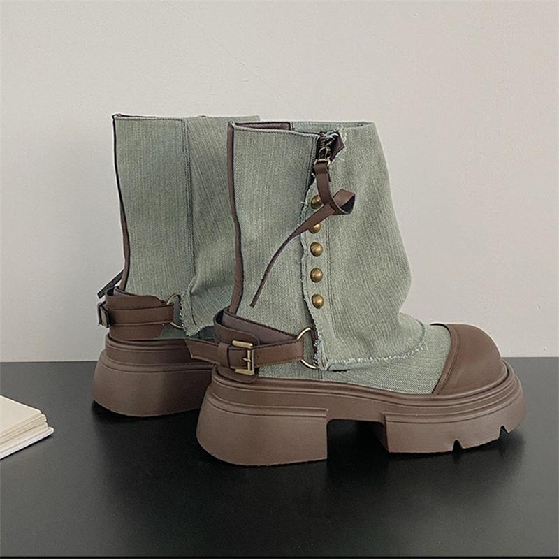 

Winter Punk Style Platform Heels Women Ankle Boots Fashion Button Combination Splicing Short Botas Para Mujer 35