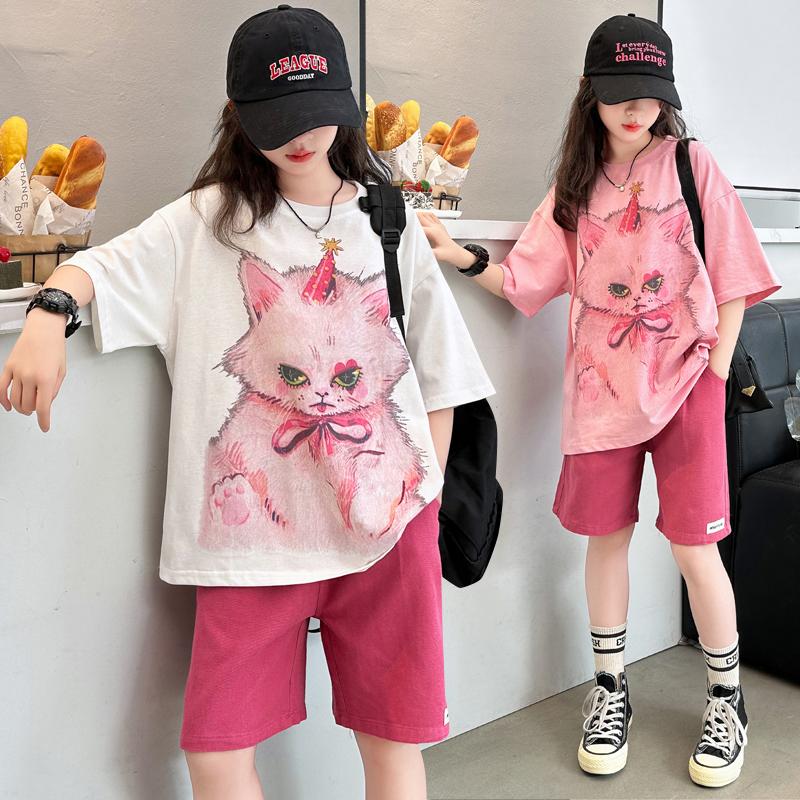 Girls' Summer Casual Set New Korean Style Fashionable Loose Girls' Summer Short Sleeved Shorts Set