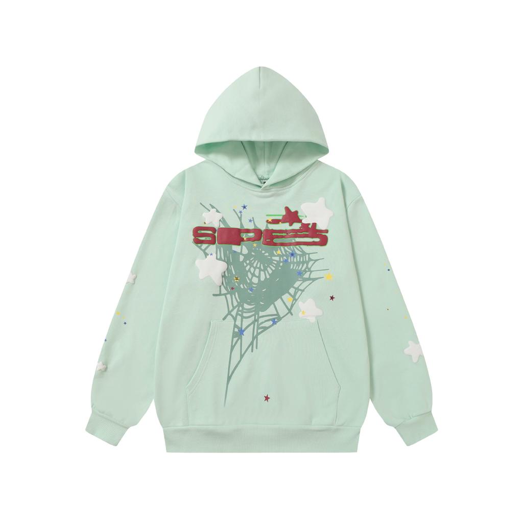 A high-quality SP5DER spider web foam printed hoodie, European and American large-size loose sweater.