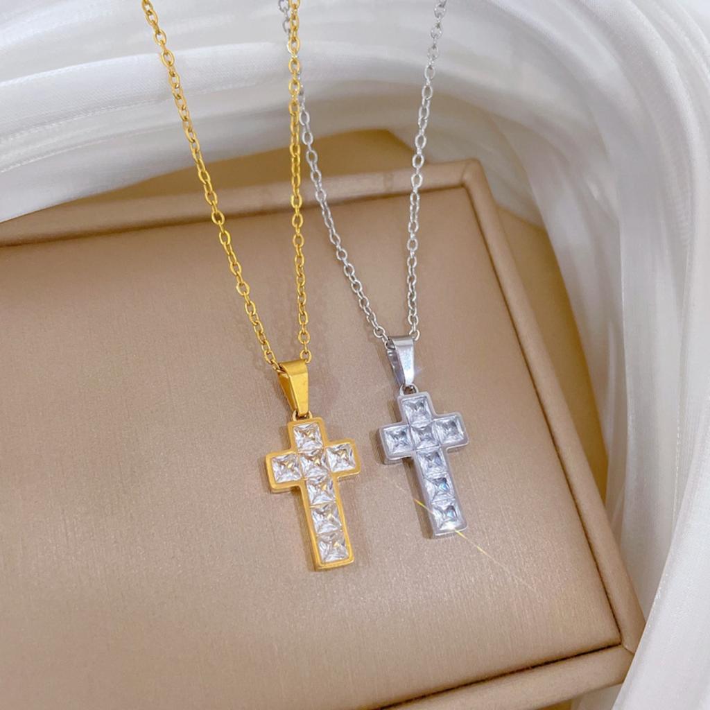 All Stainless Steel Luxury Shiny Zircon Cross Pendant Necklaces for Women Men Trendy Collar Accessories Jewelry Gifts for Friend