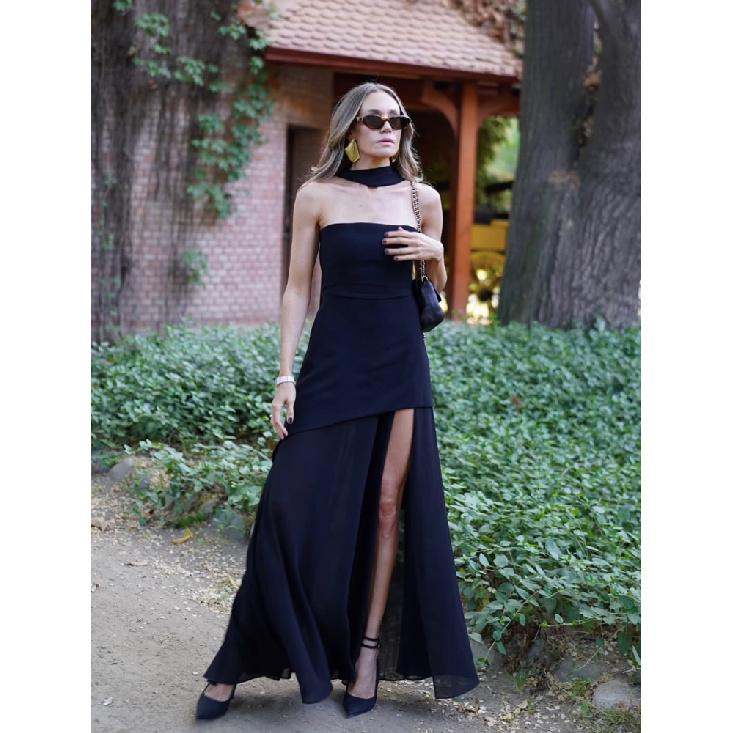 

Платье длинное без бретелек с разрезом и лентой Женское без рукавов Сетка Элегантное Пляжное платье для отпуска Весна Новое Женское платье M чёрный