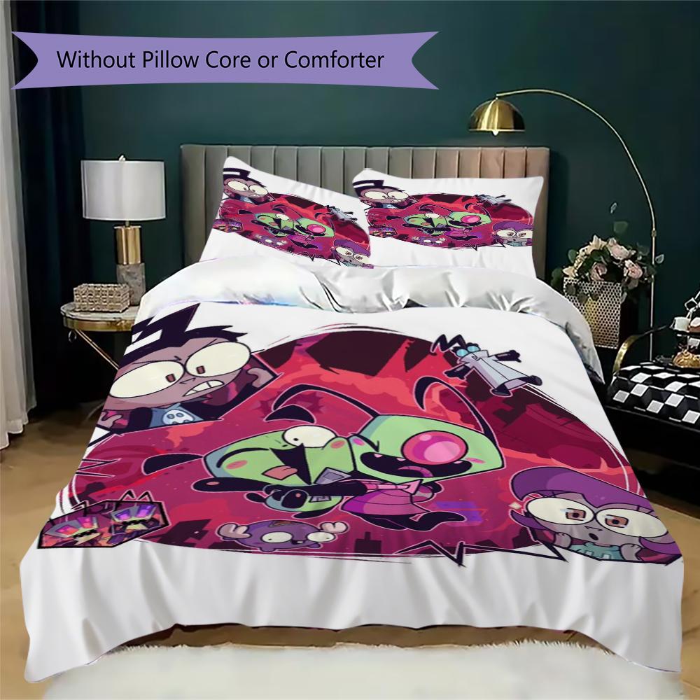 Invader Zim Pattern Bedding,Quilt Set Quilt Cover Pillowcase Home Birthday Gift(1 * duvet cover + 2 * pillowcase, without core)_lx