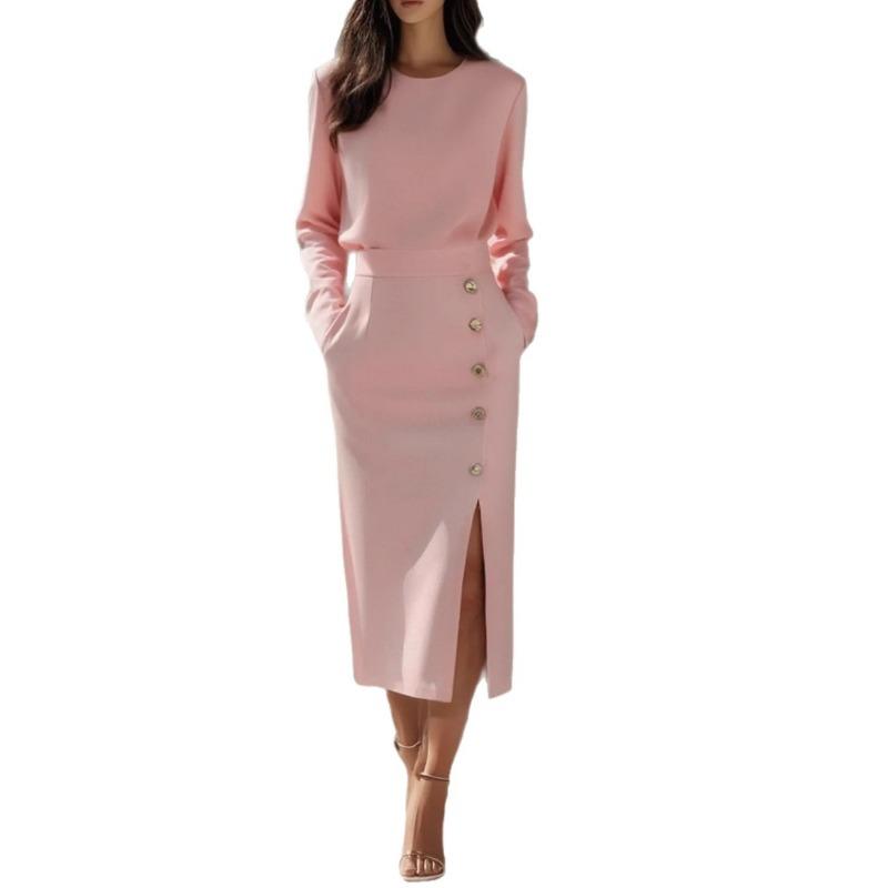 Solid Color Long Sleeve Round Neck Waist Cinched Button Decorated Slit Mid Length Women Dress