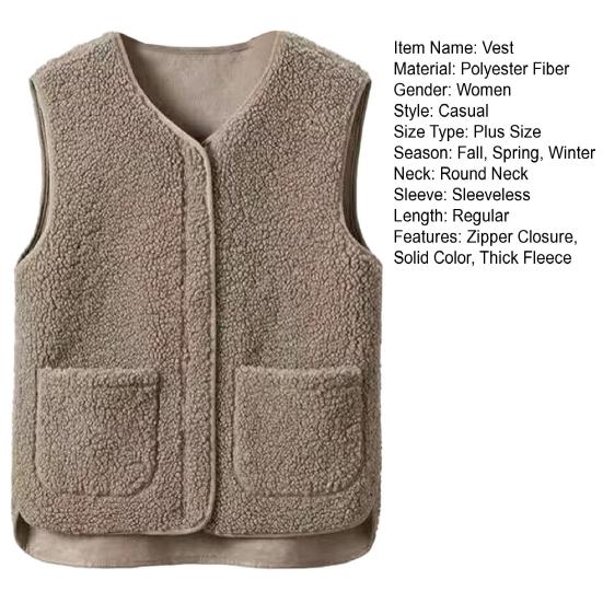 Women Fall Spring Vest Round Neck Thick Fleece Pockets Solid Color Sleeveless Zipper