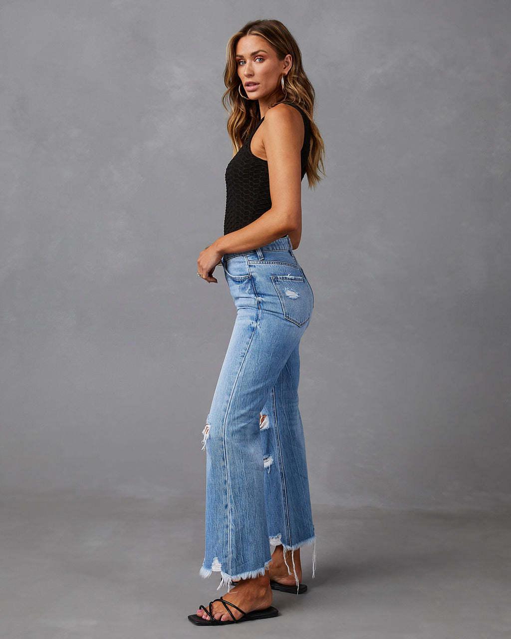 Cross2025 Spring European & American High-Waisted Ripped Wide-Leg Tie-Dye Jeans for Women XL