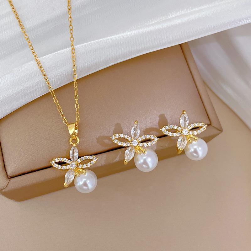 Micro-inlaid Stainless Steel Charm Flower Necklace Earrings Fashion Gorgeous Zircon Temperament Girl Accessories Set