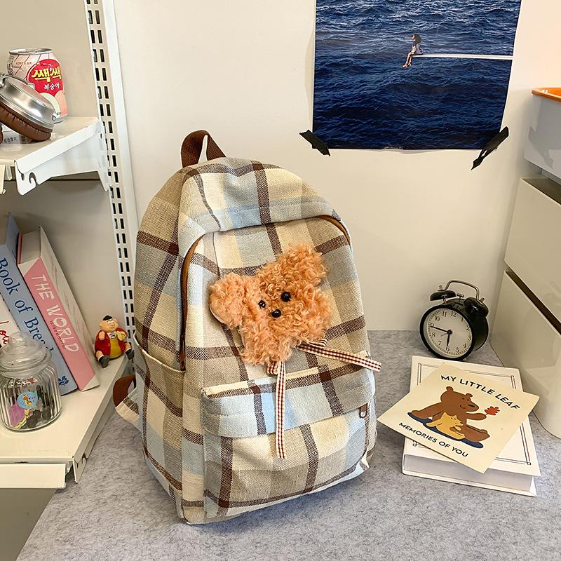 Ny produkt: Söt Rutig Björn Skolväska Casual Ryggsäck Ryggsäck med Stor Kapacitet för Högstadie- och Gymnasieelever