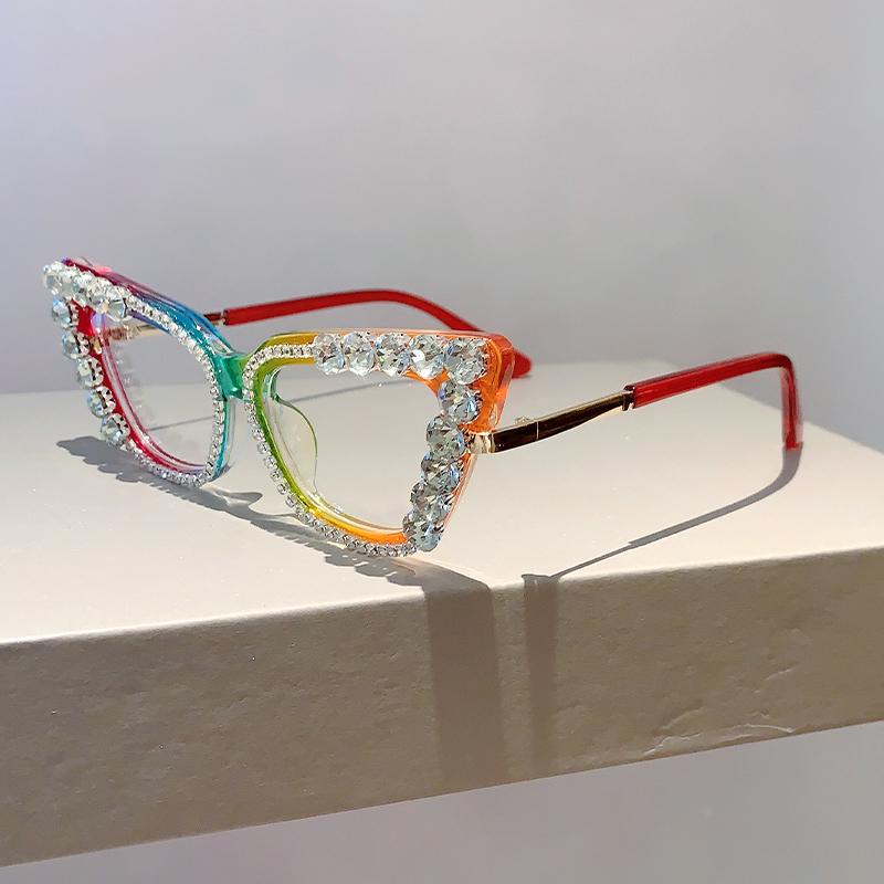 KAMMPT Cat Eye Women Eyeglasses with Rhinestones Stylish Vintage Blue Light Blocking Eyewear Trendy Original Candy Color Glasses