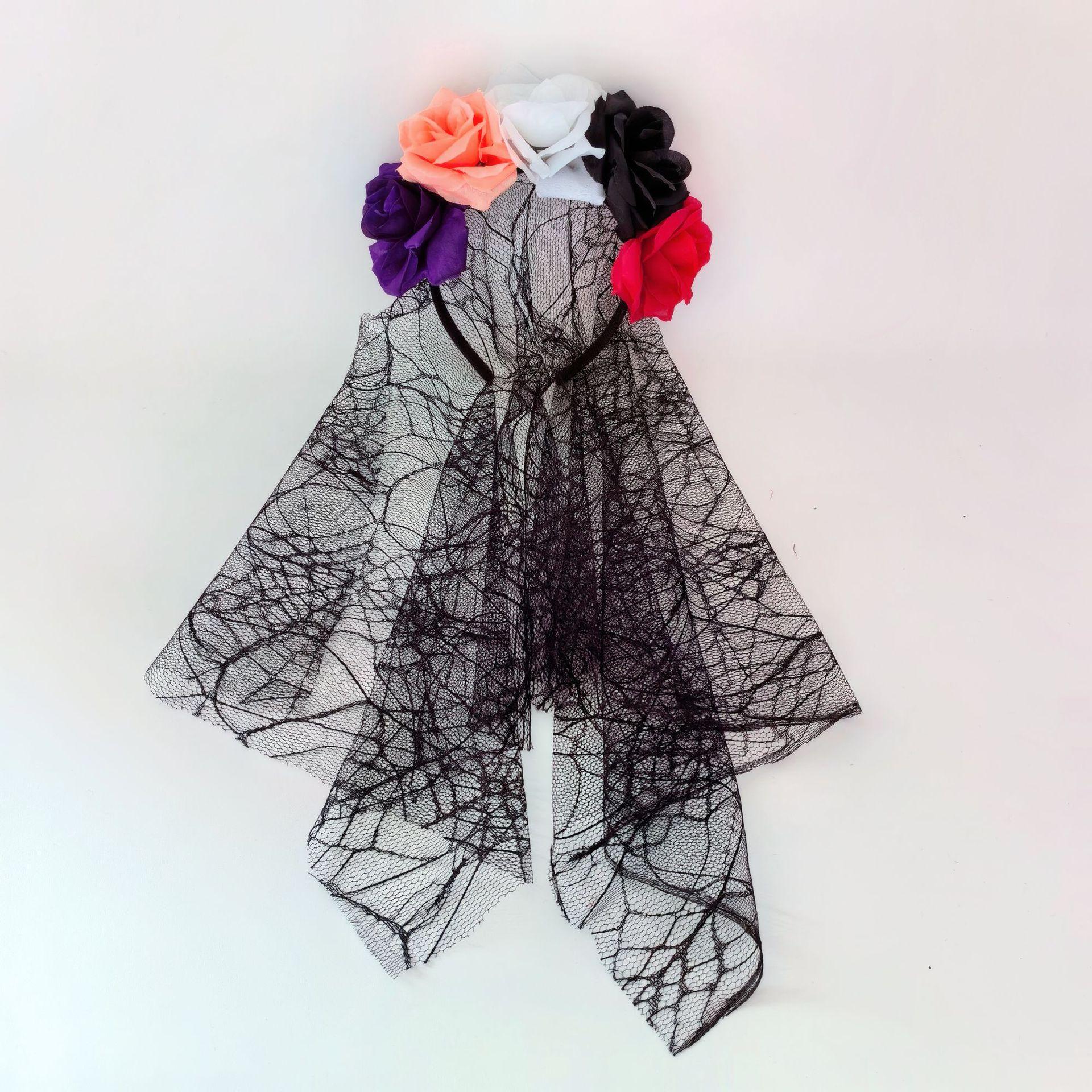 Halloween Ghost Bride Mesh Headband Simulation Rose Black Funny Party Dress