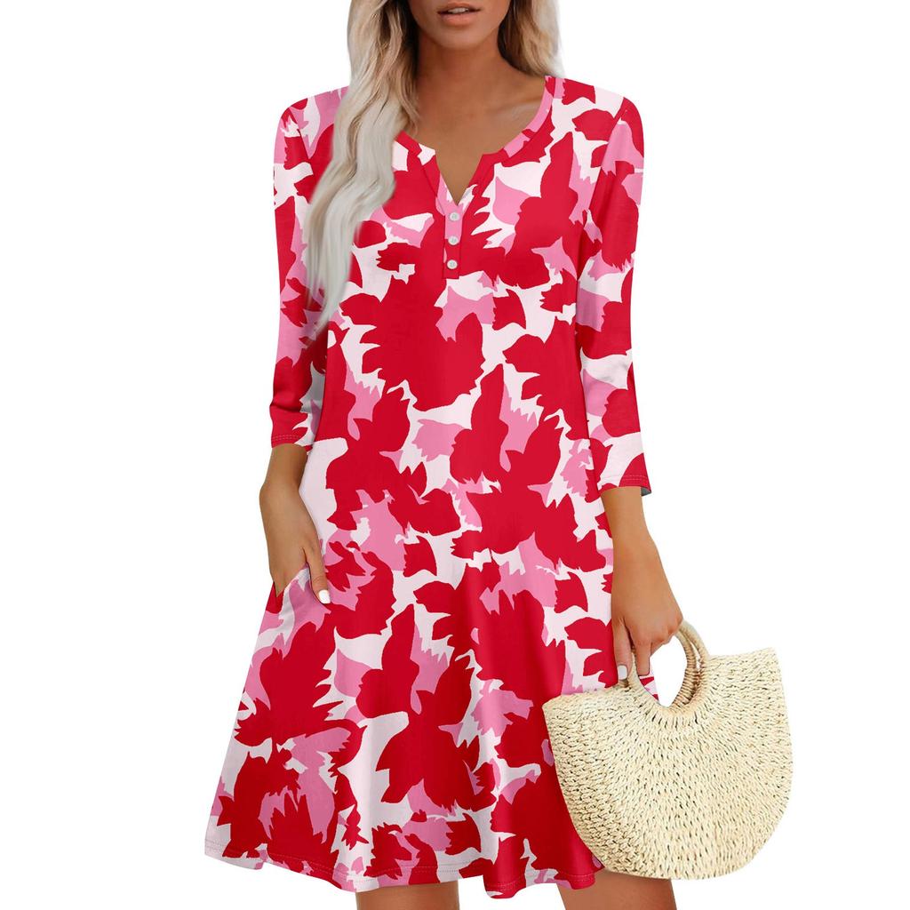 Women’s V Neck Floral Print Loose Fit Dress with Three Quarter Sleeves Casual Flowy A Line Summer Dress for Daily Wear