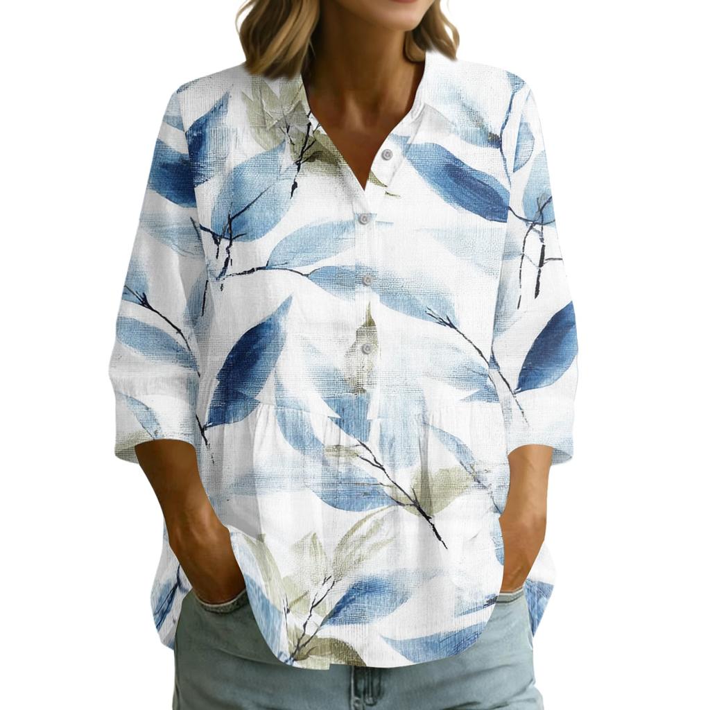 Womens Button Front Collar Shirt Floral Print Three Quarter Sleeve Loose Fit Casual Blouse Top for Everyday Wear