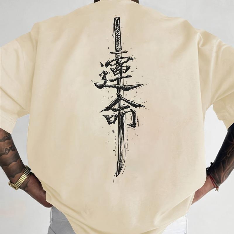 Men's summer 100% pure cotton fashionable casual loose Japanese samurai sword pattern printed round neck short sleeved T-shirt