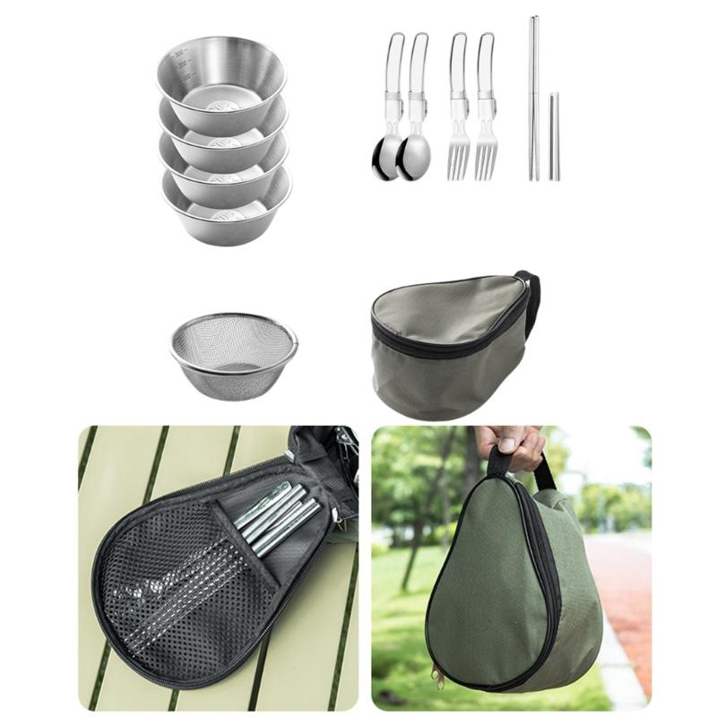 Stainless Steels Camp Dinnerware Camping Cutlery Set Outdoor Cooking Tableware Utensils with Spoon, Fork and Bowls