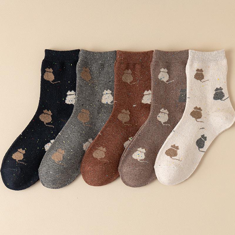 5 Pairs of Female Cute Cartoon Dot Yarn Cat Thick Warm Tube Socks