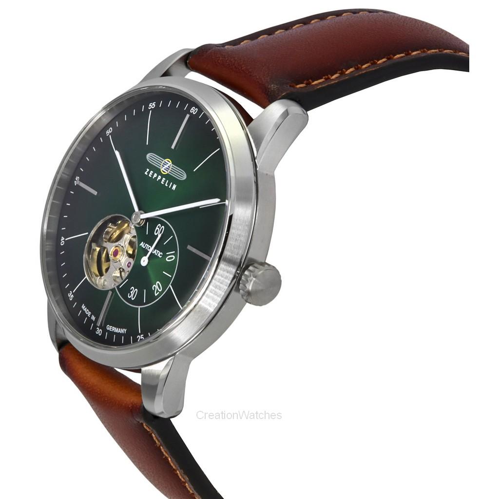 ZEPPELIN Flatline Leather Strap Green Open Heart Dial Automatic 83644 Men's Watch