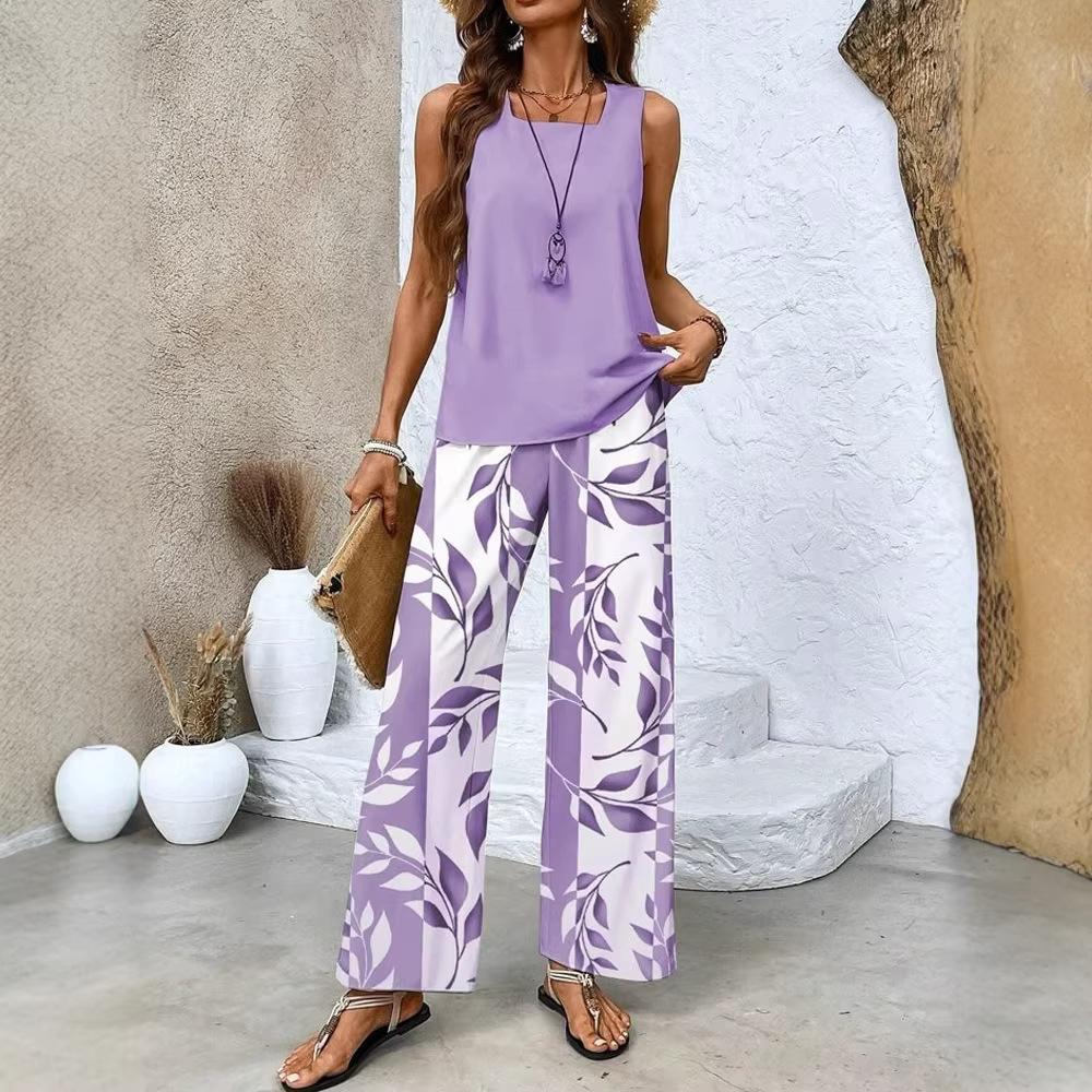 Women Fashion Casual Square Neck Pullover Vest and Long Pants Set, Digital Printed Two Piece Outfit, Daily Trendy Matching Suit