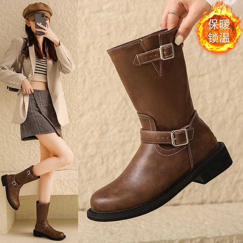 Designer Women Shoes  Autumn Winter New Platform Women's Boots Classic Round Toe Brown Boots British Ladies Mid-calf Boots