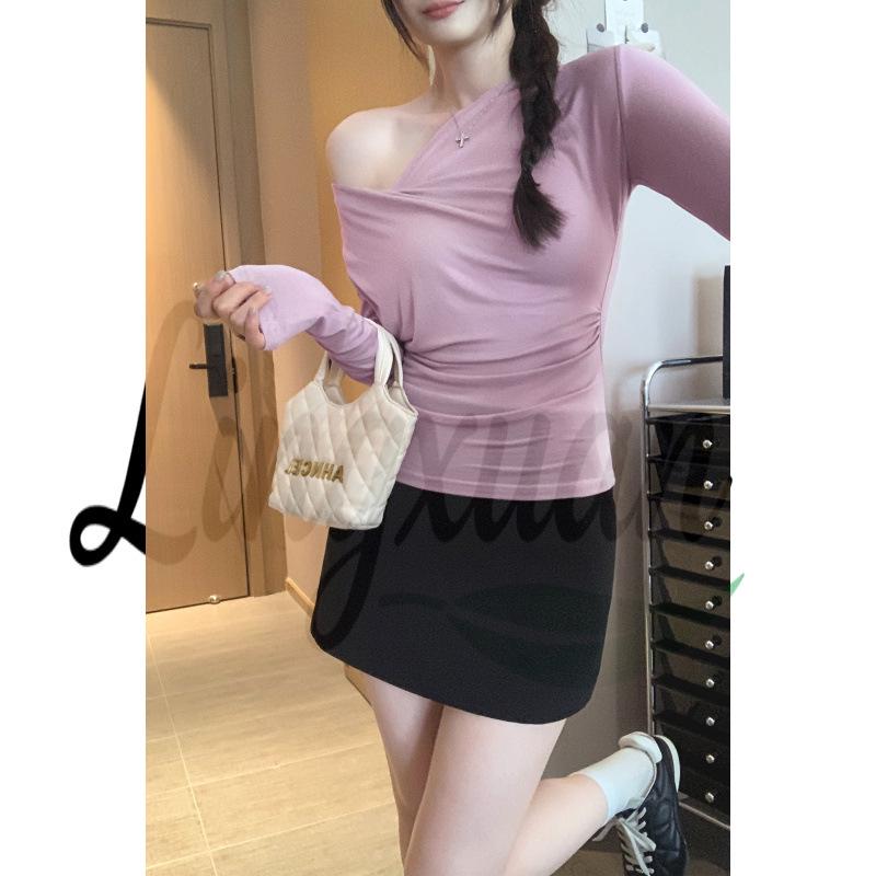 Women s Draped Neckline Long Sleeve Top with Ruched Cinched Waist - Autumn 2026 Style L фиолетовый