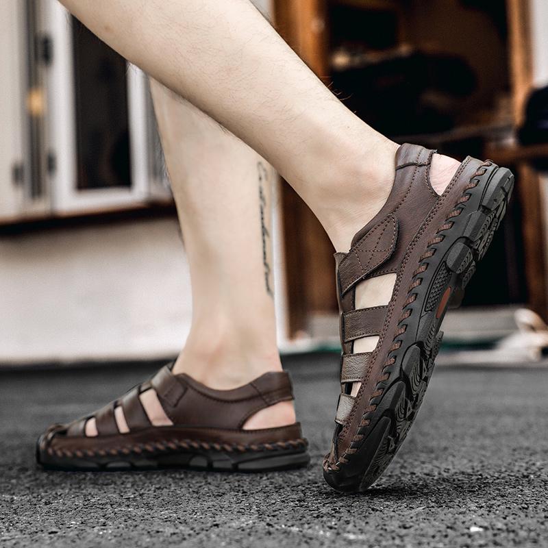 Summer Men's Leather Shoes Male Sandals Handmade Hollow Flats Quick Dry Wading Shoes
