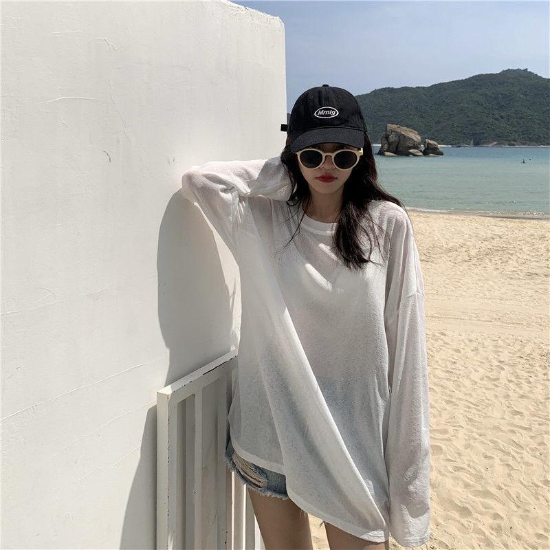Sun Protection Top Women Long Sleeve Summer Thin Korean Loose Mid Long White Slit Ice Silk Tee