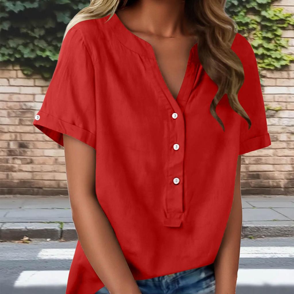 Fashionable Women's Linen V-neck Button Up Half Open Design, Fashionable Short Sleeved Shirt Color Top