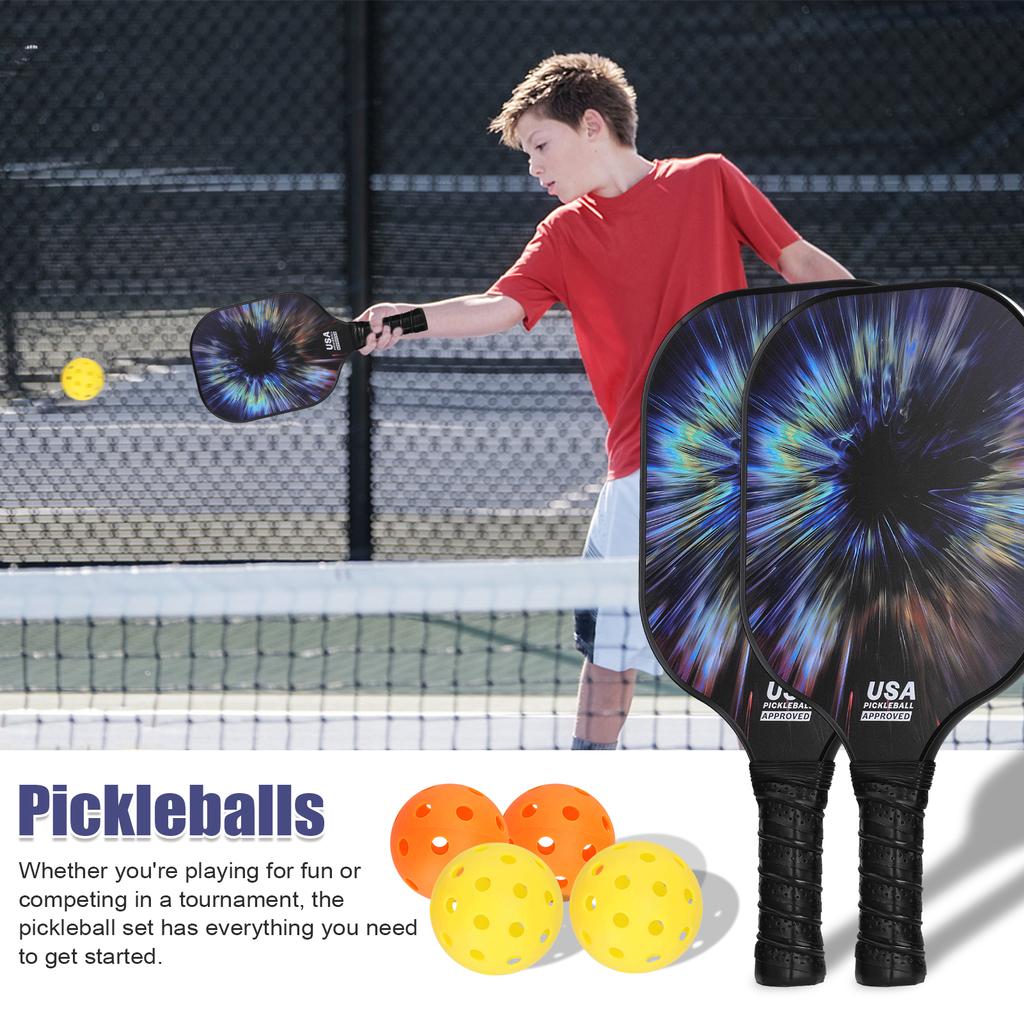 Fiberglas Pickleball Rackets Set Pickleball Paddle Set of 2 Rackets and 4 Pickleballs Balls