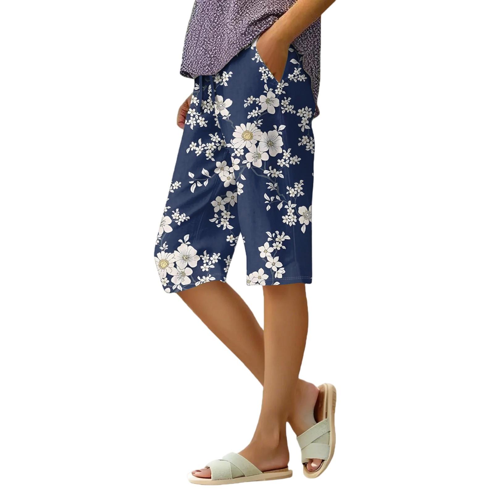 

Женские летние свободные шорты из хлопка и льна с эластичным поясом и цветочным принтом S тёмно-синий