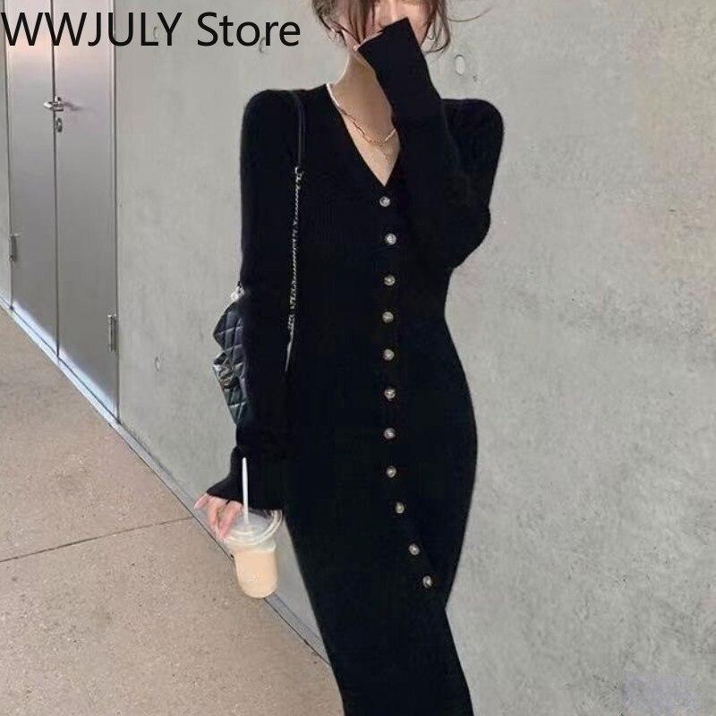 Buy Vintage One Piece Dress Korean Fashion Knitted Midi Dress Button Up Long Sleeve Black Sweater Party Dress Evening 21 Winter At Affordable Prices Free Shipping Real Reviews With Photos Joom