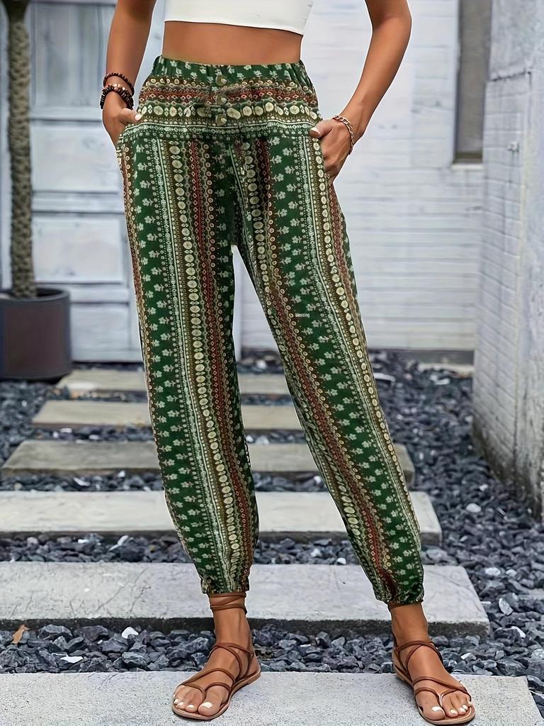 European & American Style Bohemian Print Elastic Waist Draped Pants for Women - Spring/Summer Collection