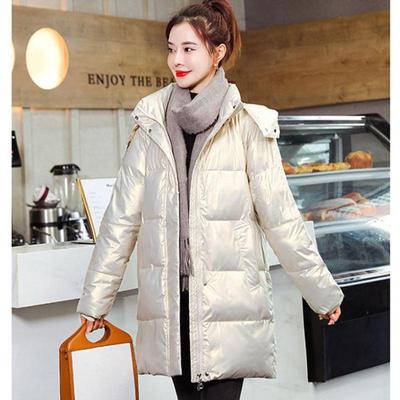 Damen Winterjacke, glänzend, lang, flauschig, warm, mit Kapuze, leicht, Übergröße
