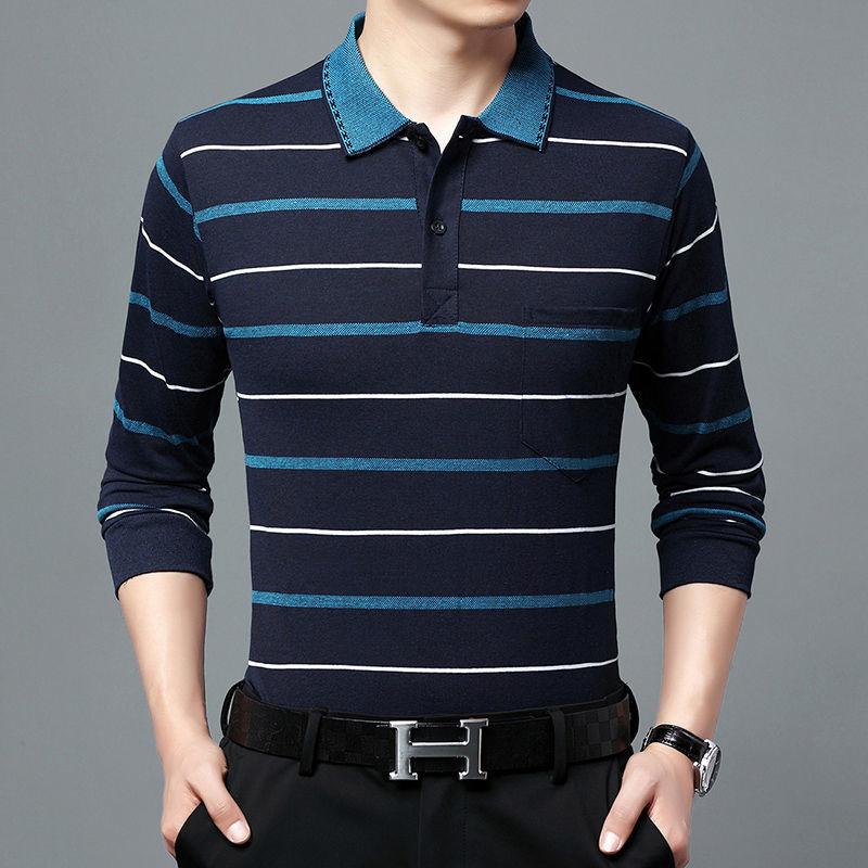 Camisas polo listradas masculinas da moda, novas camisas polo coreanas para negócios, primavera/outono, casuais, manga comprida, bolsos na lapela, roupas masculinas, tops de algodão, 2025