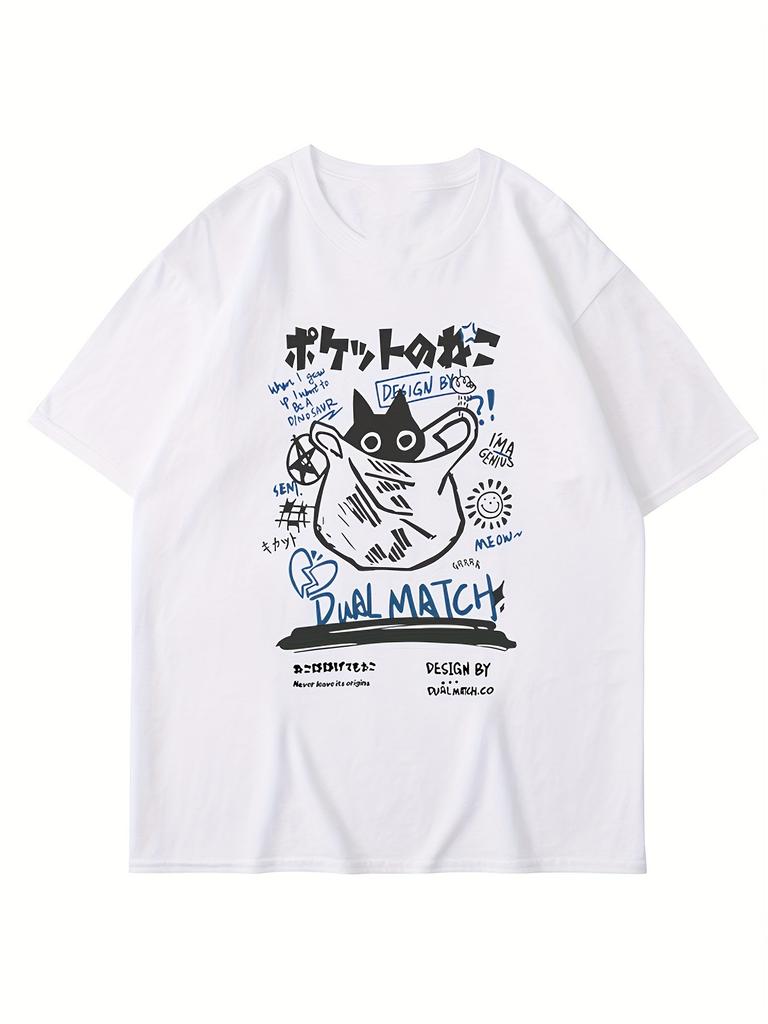 Heavy Duty Pure Cotton New American High Street Fashionable Cat Pattern Printed Casual Round Neck Short Sleeved T-shirt