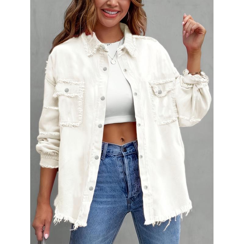 2026 European and American Style Raw Edge Ladies Casual Denim Jacket with Practical Pockets
