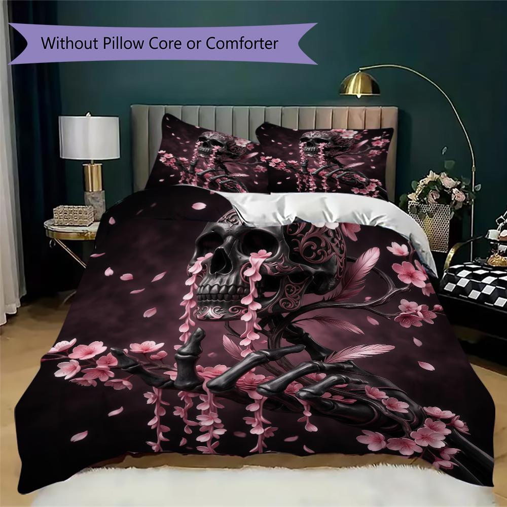 Rose Skull Pattern Bedding uilt Set uilt Cover Pillowcase Home Decoration Birthday Gift (1 * duvet cover + 2 * pillowcase without core)