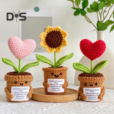 Crocheted Sunflower Doll Emotional Inspirational Support Potted Plant Doll Handmade Inspirational Doll with Positive Card for Cheer Up Gift Home Decor