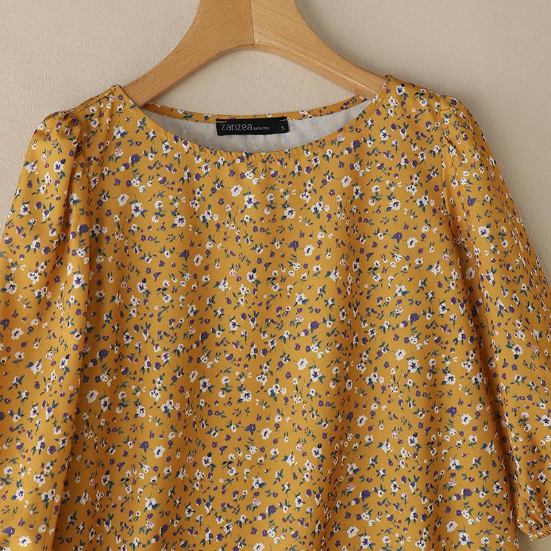 ZANZEA Women Casual Elastic Small Floral Cuffs Rubber Band Daily Blouses