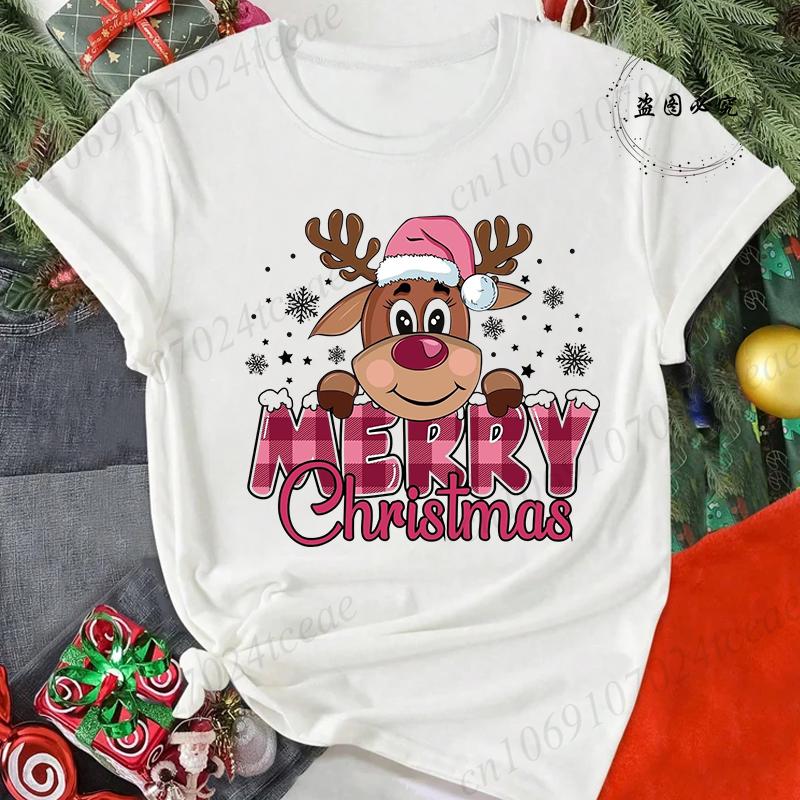 Merry Christmas Reindeer Print TShirts for Women Casual Short Sleeve Tee Shirts Fashion TShirts Womens Christmas Party Tops