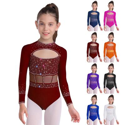 Leotard mit vorderem Ausschnitt für Mädchen Rundhalsausschnitt Langarm mit unsichtbarem Reißverschluss hinten Strasssteine