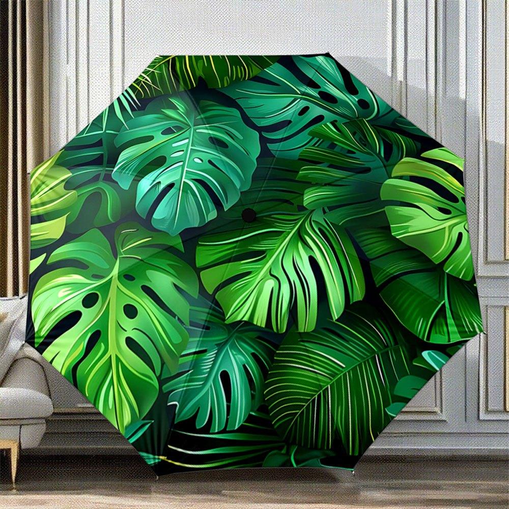

Automatic Folding Umbrella Tropical green monstera leaves. Portable collapsible design, casual outdoor accessory, Christmas bi (as the picture,Iron&8K)