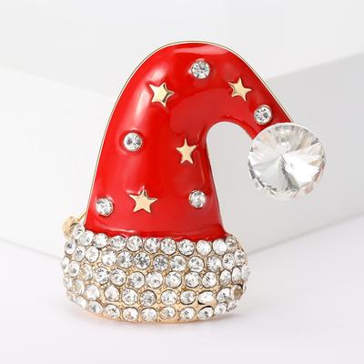 Spilla carina e versatile a forma di cappello di Natale in lega con strass, accessorio da petto alla moda e versatile per uomo e donna