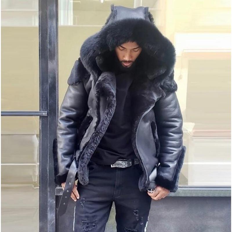 Men's Autumn and Winter Long Sleeve Hooded Zip Leather Motorcycle Jacket