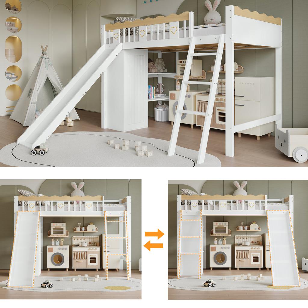 Loft Bed, With Children's Slide, Wardrobe and Storage Cabinet Under the Bed, Four-Sided Fence Pine + MDF + Plywood, White+Natural, 90x200cm